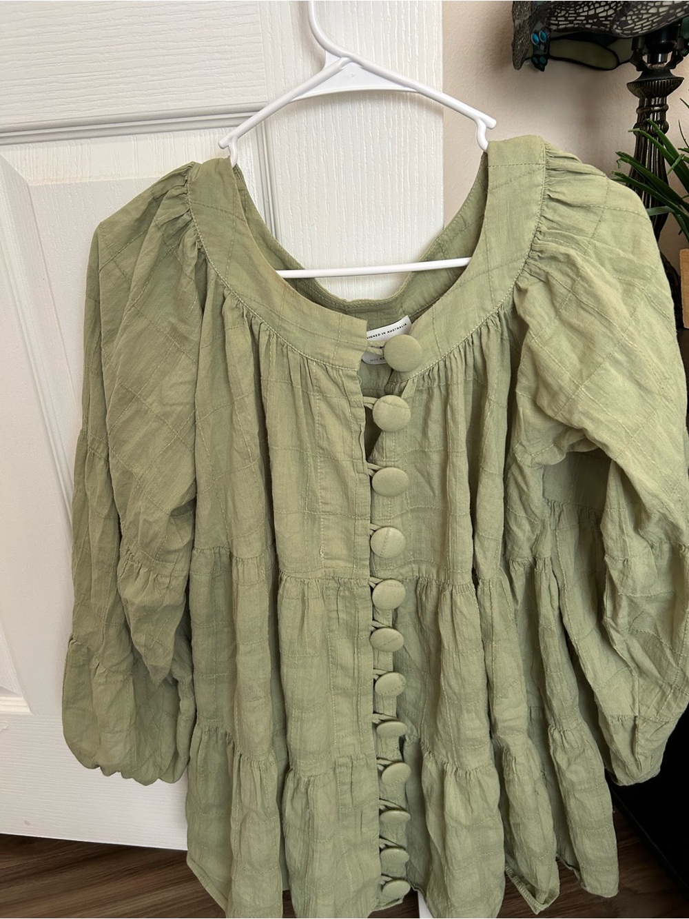 Sabo Sage Green Button-Front Tiered Blouse